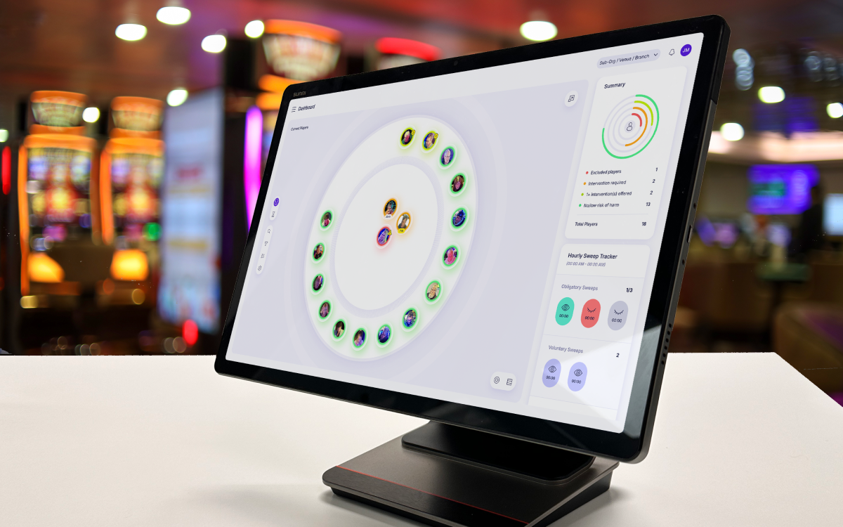 The InPlay kiosk on the gaming floor, screen active